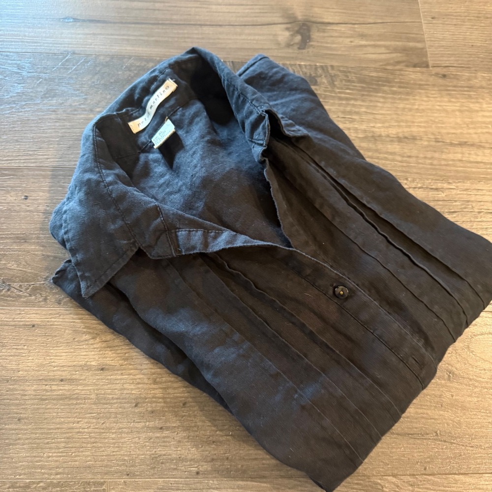 Peter Martin Womens XL Black 100% Linen Short Sleeve Pleated Button Down Shirt